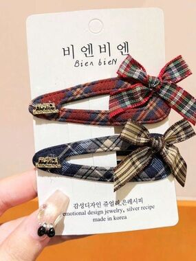2pcs/Set Plaid Bow Hair Clips Set,Plaid BB Clips, Cute Side Bangs Clips